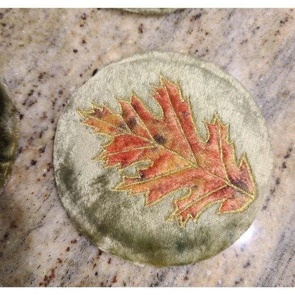 Vintage Velvet Orange Green Leaf Stitching Coasters Set of 6 Fall Autumn Holiday - Picture 5 of 10